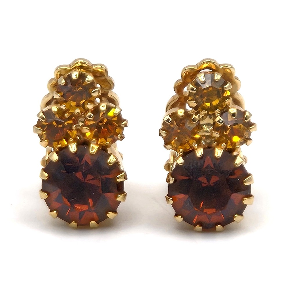 Vintage Amber Brown Topaz Rhinestone Clip On Earrings Gold Tone Cluster Jewelry